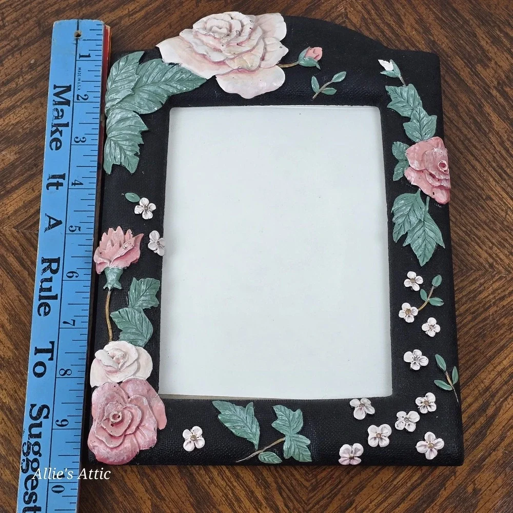 Vintage Black Floral Picture Frame Pink Roses White Flowers Floral Resin‎ 5x7